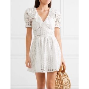 Self-Portrait Petal White Eyelet Puff Shoulder Cotton Mini Dress Size 2